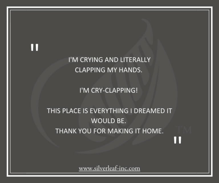 Text on a dark background expressing joy and gratitude for a dream home, featuring phrases like "cry-clapping" and "thank you."