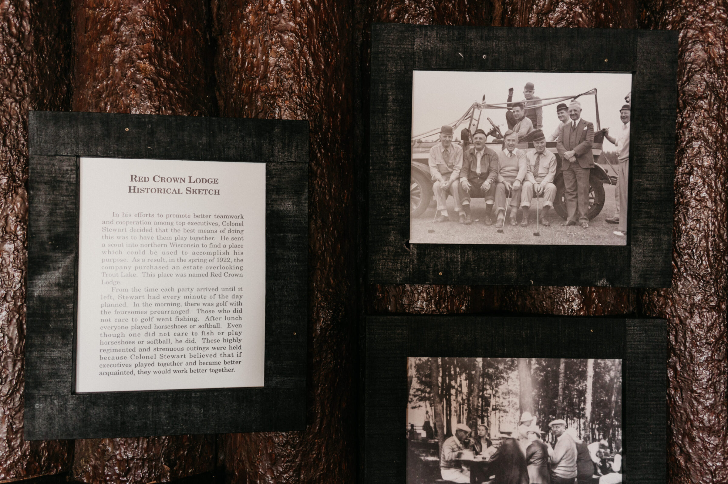 Framed historical sketch and photos of men at Red Crown Lodge.