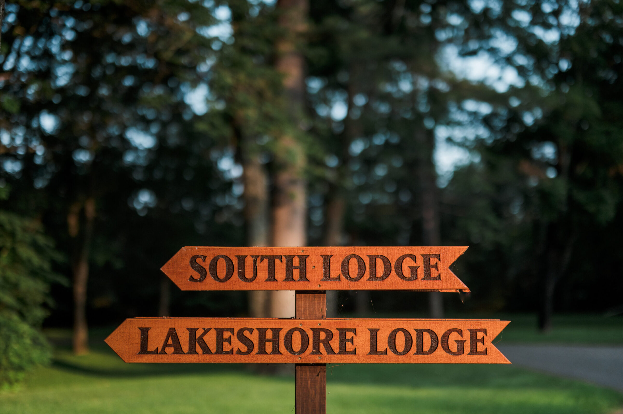 Wooden signpost with arrows pointing to "SOUTH LODGE" and "LAKESHORE LODGE".